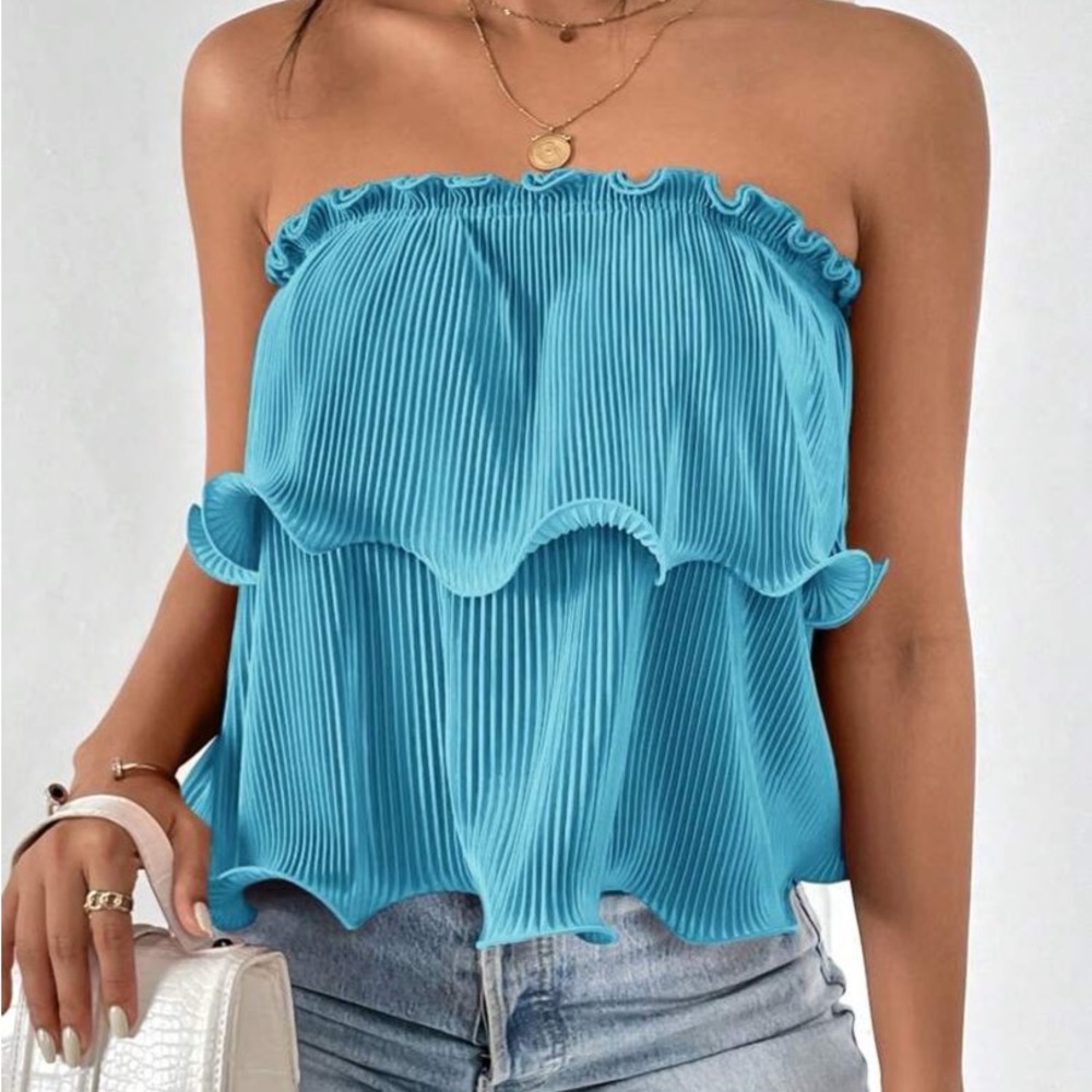 Aqua Blue Ribbed Flowy Tube Top Strapless Top Ruffles